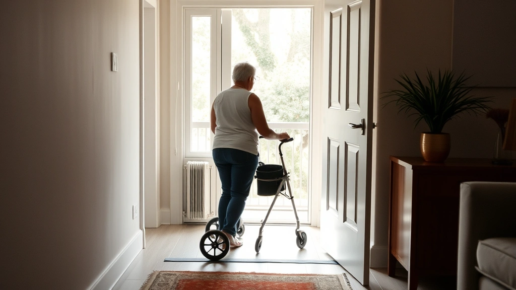 Person with mobility aid standing in apartment entryway with accessible ground floor view natural sunlight through windows