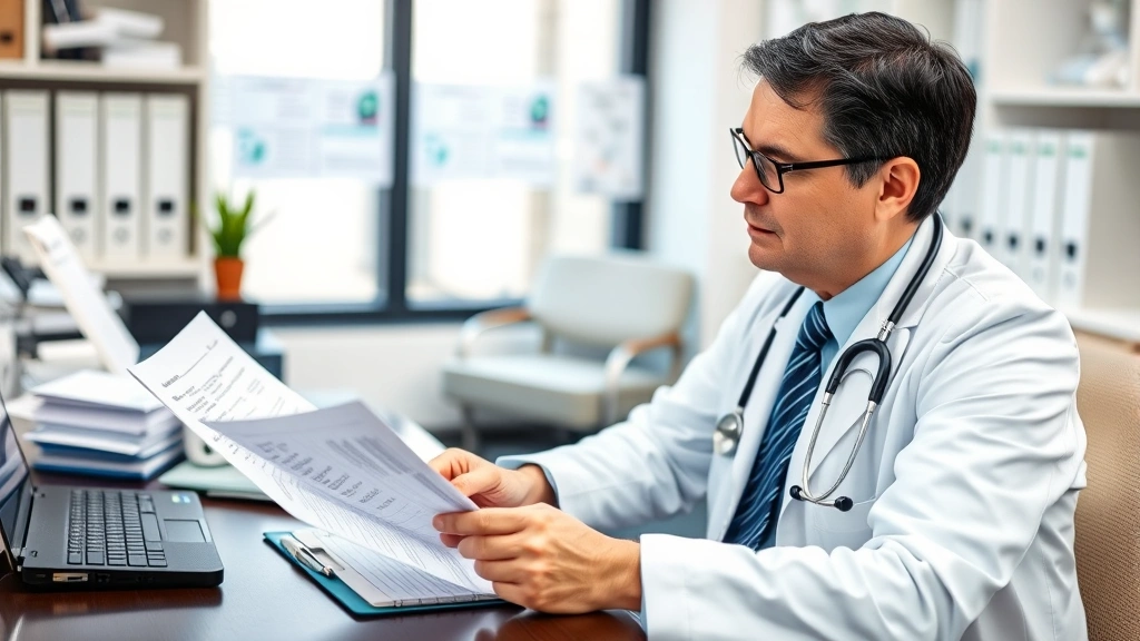 Doctor reviewing medical documents at desk with stethoscope and prescription pad in clinical office setting