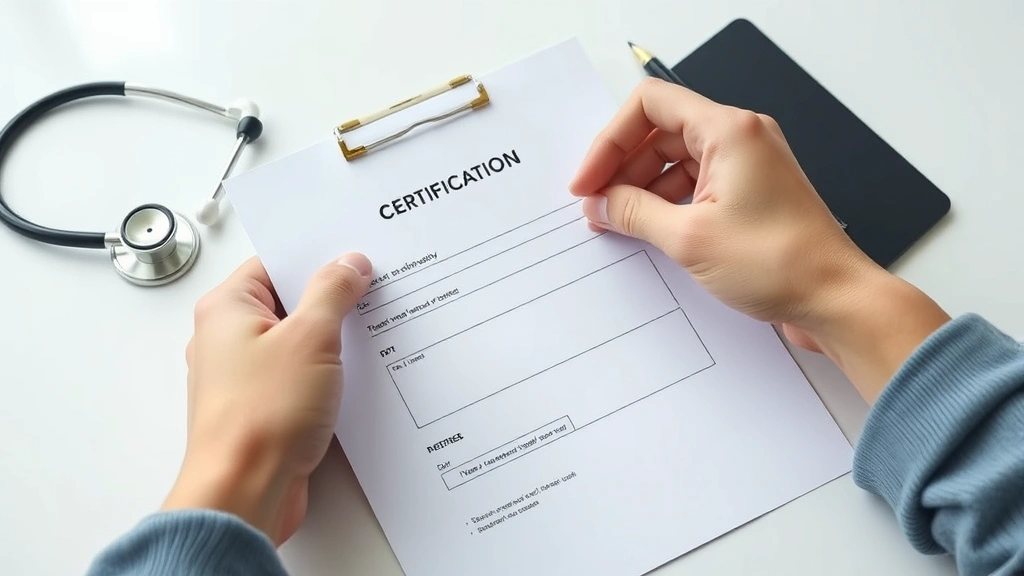 Close up of hands holding a blank medical certification form on a desk with stethoscope and pen