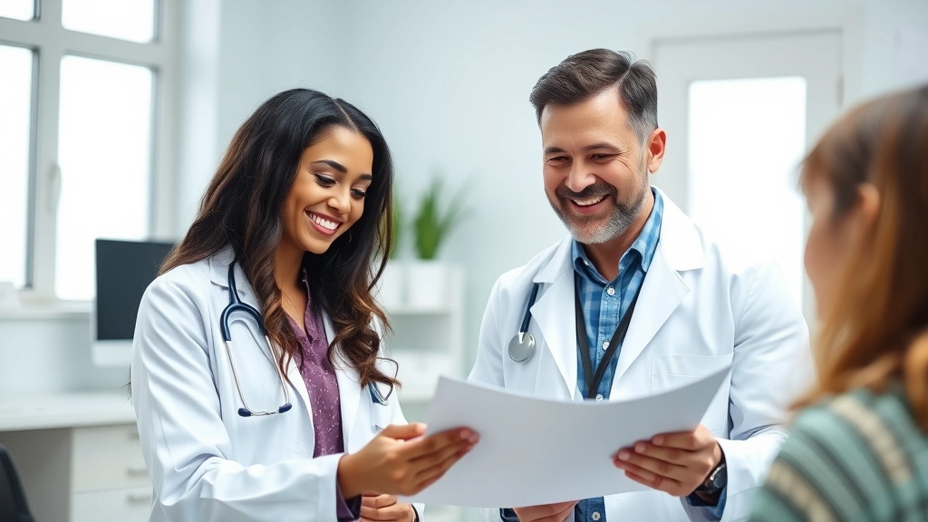 Smiling healthcare provider in white coat reviewing documents with patient in bright clinical office