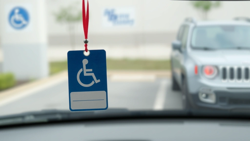 Handicap placard hanging in car windshield with accessible parking space in background