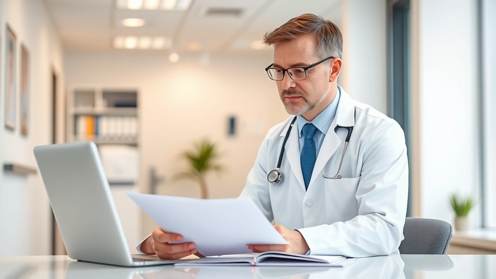 Mature physician in white coat reviewing medical documents at desk in bright clinic office