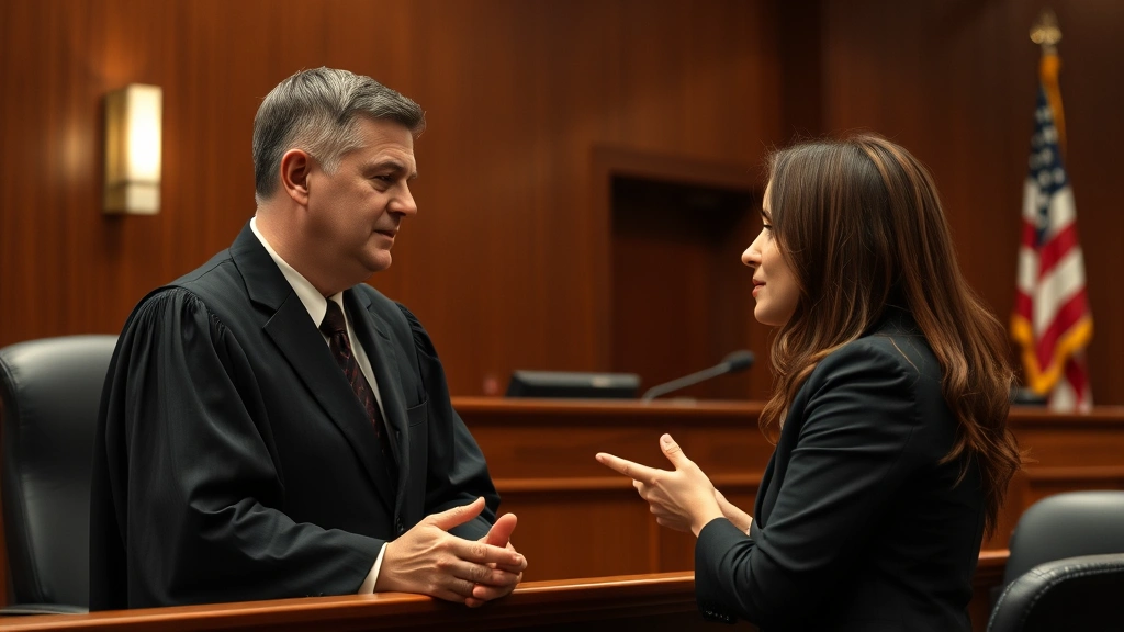 Professional woman speaking with male judge in courtroom, respectful and serious atmosphere