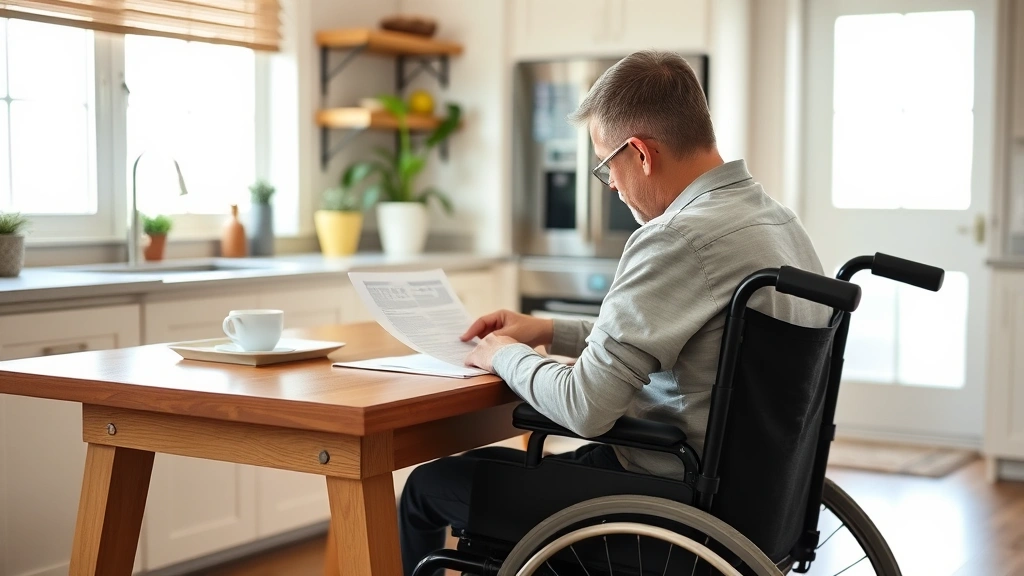 Person in wheelchair reviewing lease documents at kitchen table, natural light, supportive environment