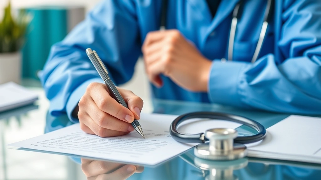 Healthcare provider writing medical letter at desk with stethoscope visible, professional office setting