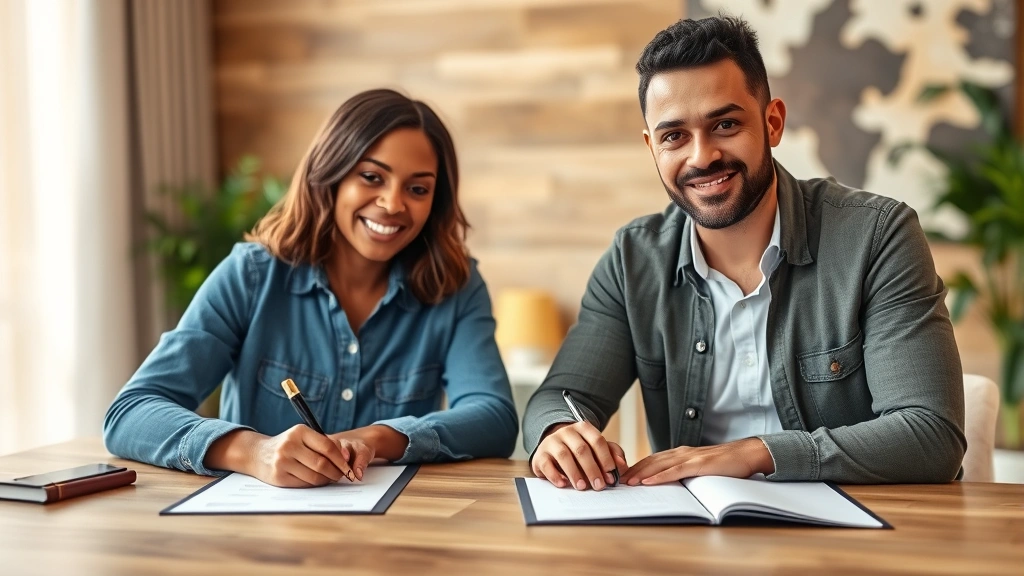 Diverse couple signing rental agreement together, calm confident atmosphere, paperwork on table