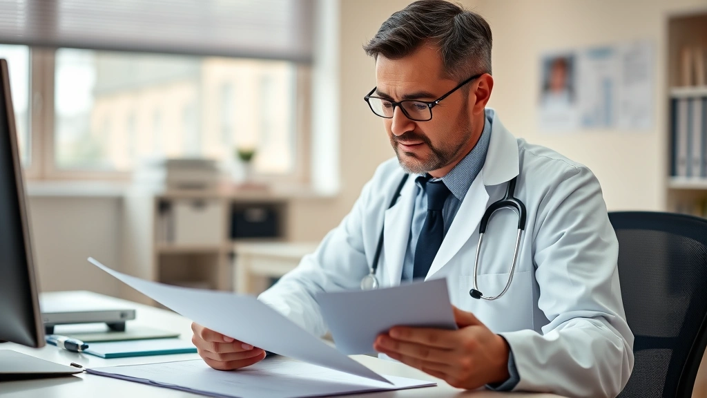 Doctor in white coat reviewing medical documents at desk with patient file and stethoscope, healthcare professional environme