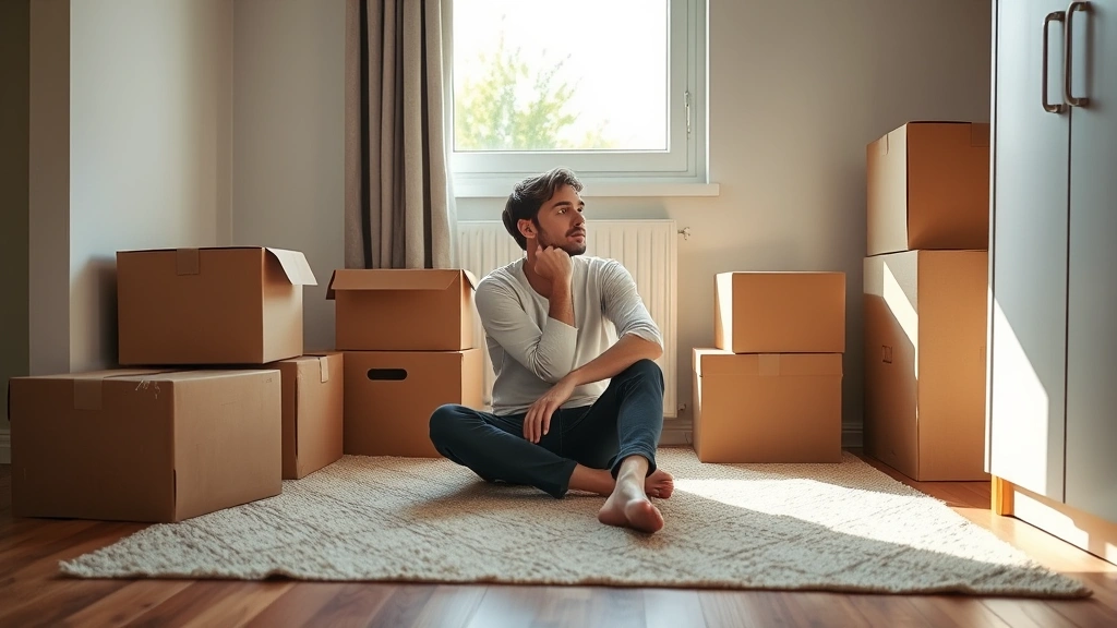 Person sitting on apartment floor looking thoughtful with boxes around them, natural light from window, contemplative mood ab