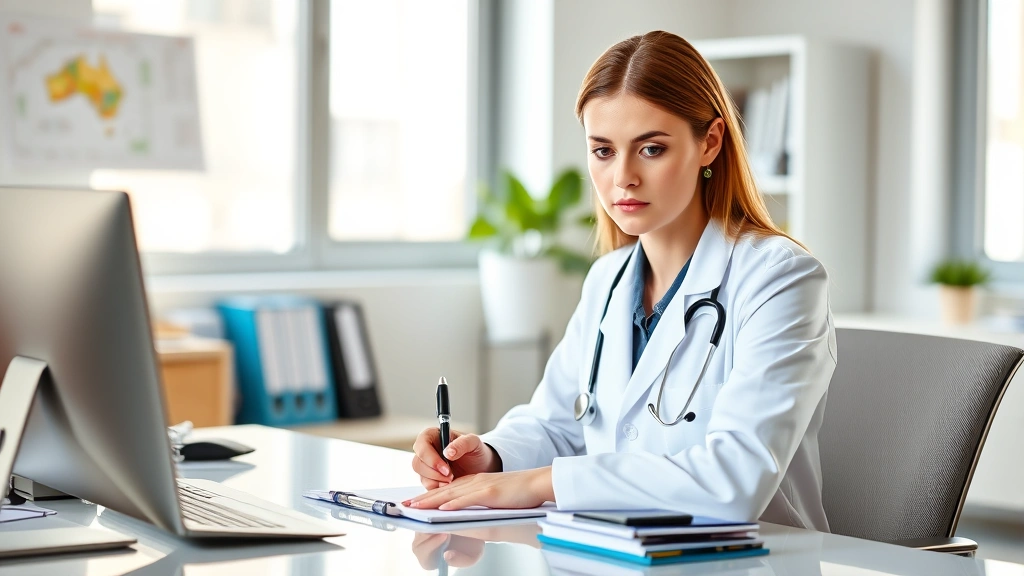 Female healthcare provider in white coat writing medical notes at desk with patient file, professional medical office setting