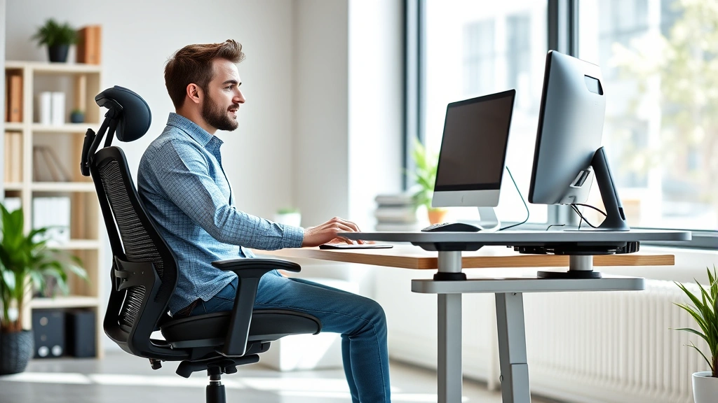 Male employee at computer desk with ergonomic chair and standing desk converter, bright office environment, relaxed posture,