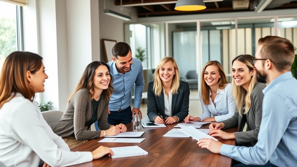 Diverse team in casual office meeting discussing workplace accommodation, smiling professionals around table with documents,