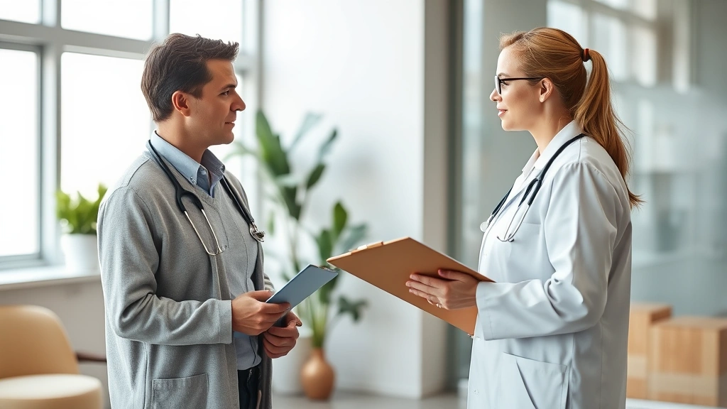 Healthcare provider discussing work restrictions with patient in modern medical office setting, doctor holding clipboard with