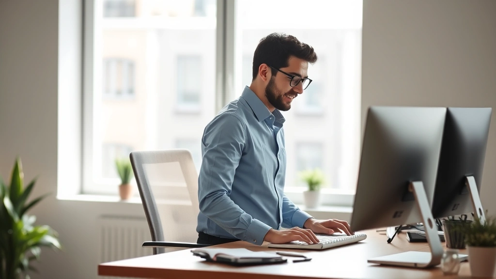 Professional employee working at desk with ergonomic setup and proper posture, natural office lighting through window