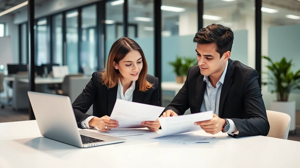 HR representative and employee reviewing accommodation documents at table in corporate office, collaborative meeting atmosphe