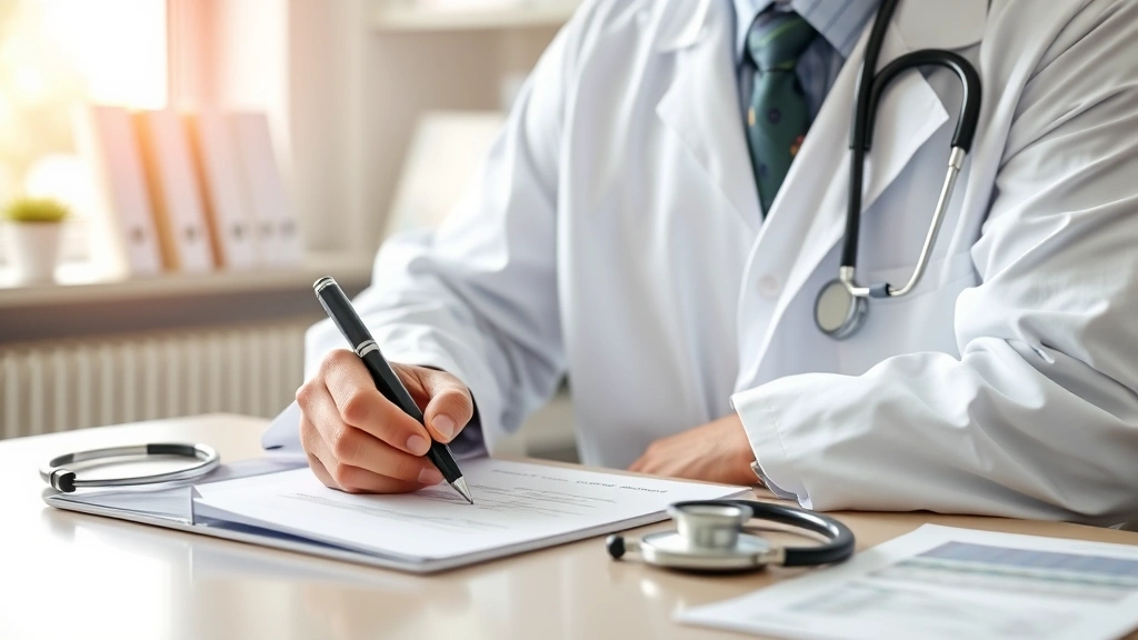 Doctor in white coat writing medical documentation at desk with stethoscope and patient chart, professional healthcare office
