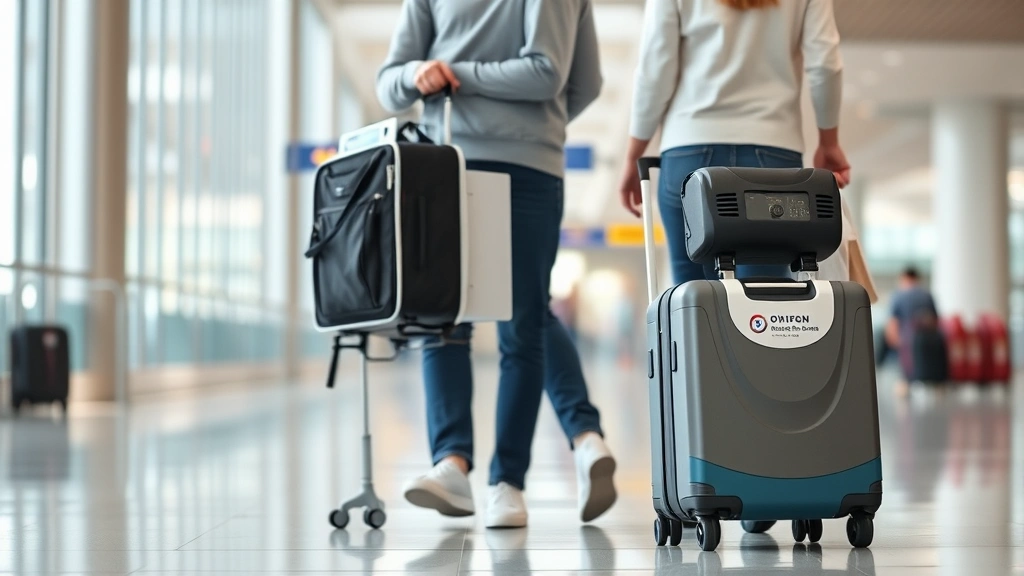 Traveler with portable oxygen concentrator and luggage at airport terminal, confident patient managing medical equipment duri