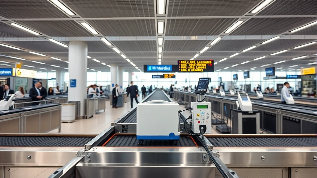 International airport customs checkpoint with medical equipment on conveyor belt, professional security screening environment