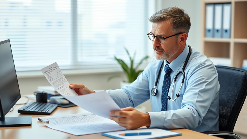Healthcare provider sitting at desk with stethoscope reviewing patient medical chart with genuine concern and professionalism
