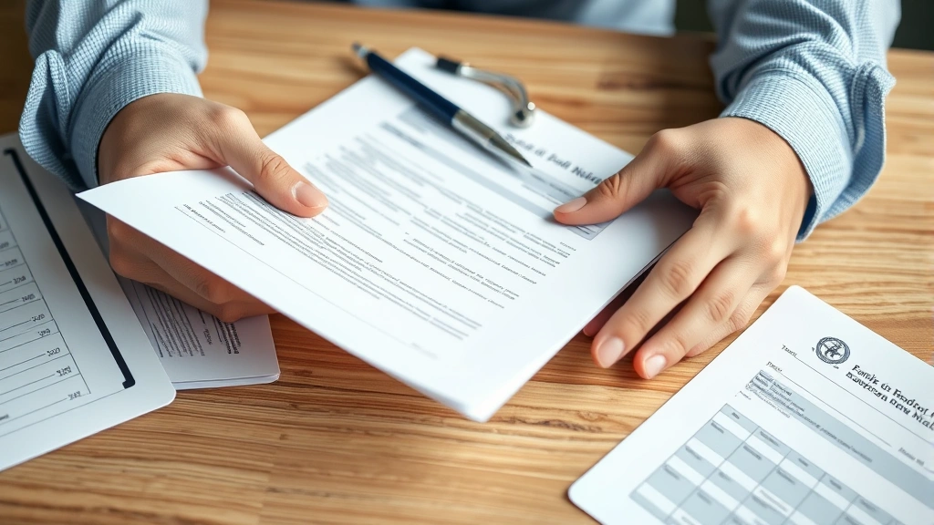 Close-up of hands holding medical documents and legal papers organized on wooden desk with soft natural lighting