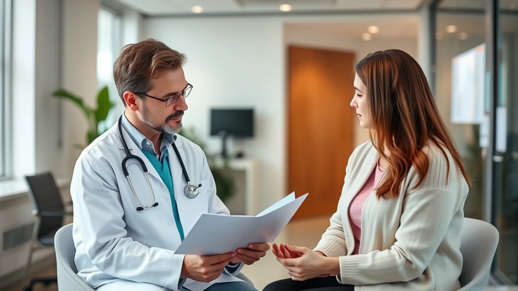 Healthcare professional reviewing medical documents with patient in modern clinic office
