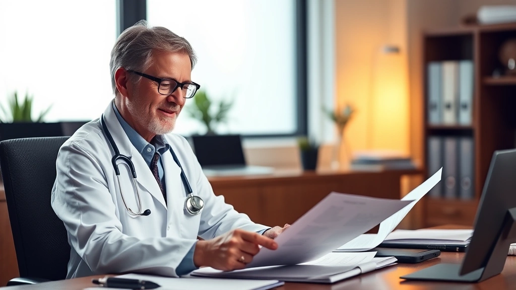 Doctor in white coat reviewing medical records at desk with stethoscope, warm office lighting, caring professional expression