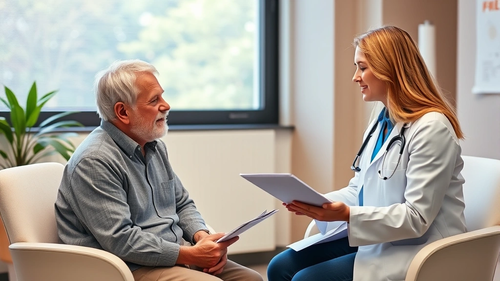 Patient sitting in medical office consultation with female doctor discussing documents, natural window light, supportive heal
