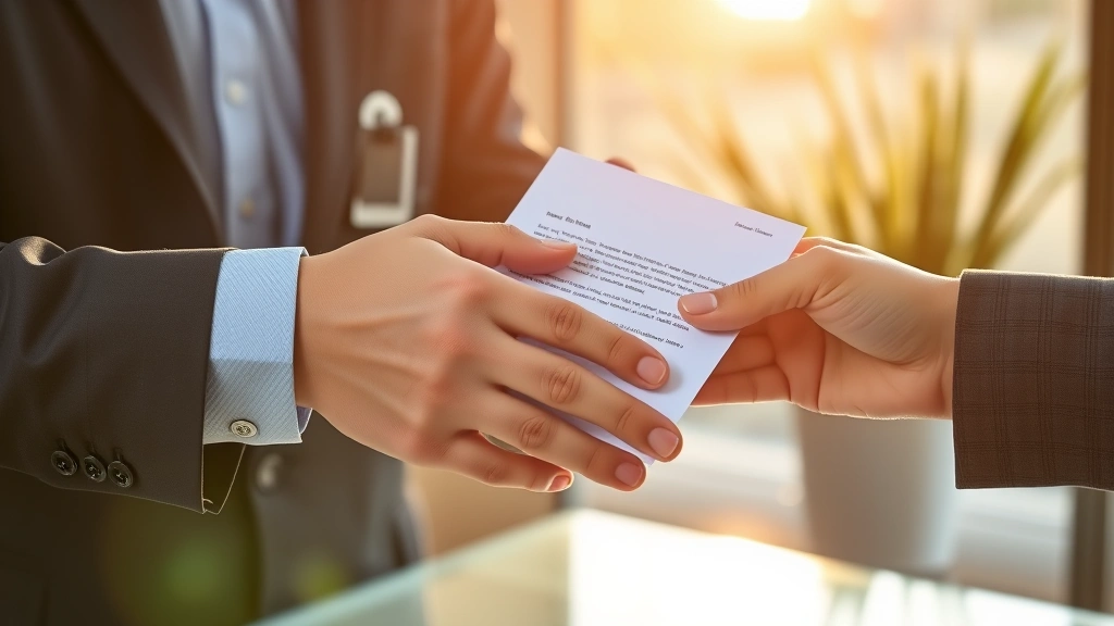 Close up of hands exchanging formal letter on medical letterhead, professional business environment, morning sunlight