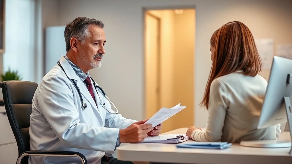 Doctor in white coat reviewing medical documents at desk with patient sitting across, warm clinic lighting, professional heal