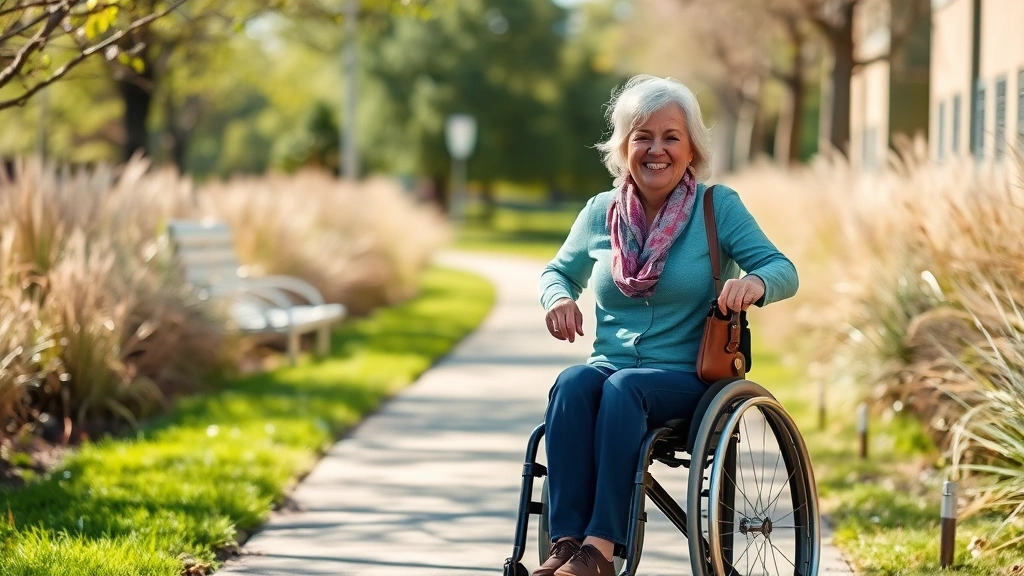 Woman using wheelchair outdoors on accessible path, natural sunlight, positive expression, showing mobility aid in daily life