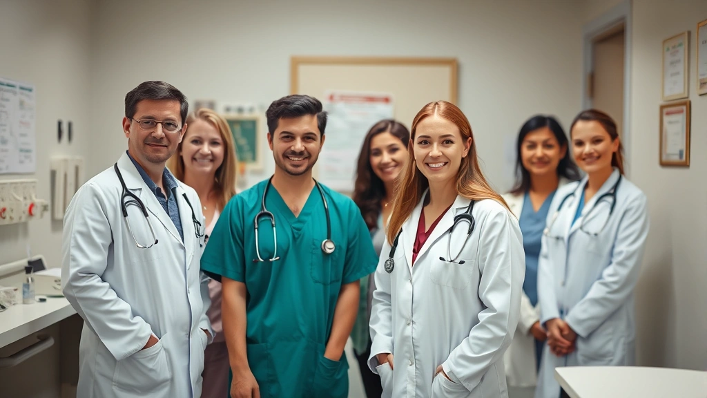 Diverse group of healthcare providers including physician and nurse practitioner in clinical office environment with medical