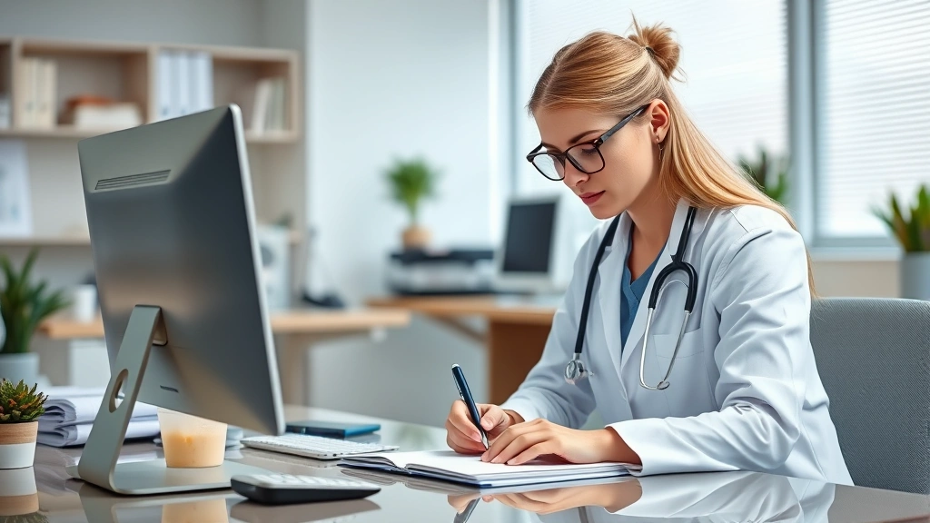 Professional female doctor in white coat writing medical notes at desk with computer, warm lighting, healthcare office settin