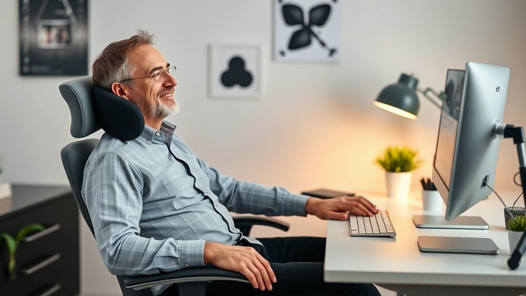 Middle-aged male employee at ergonomic desk setup with back support pillow and footrest, comfortable home office workspace