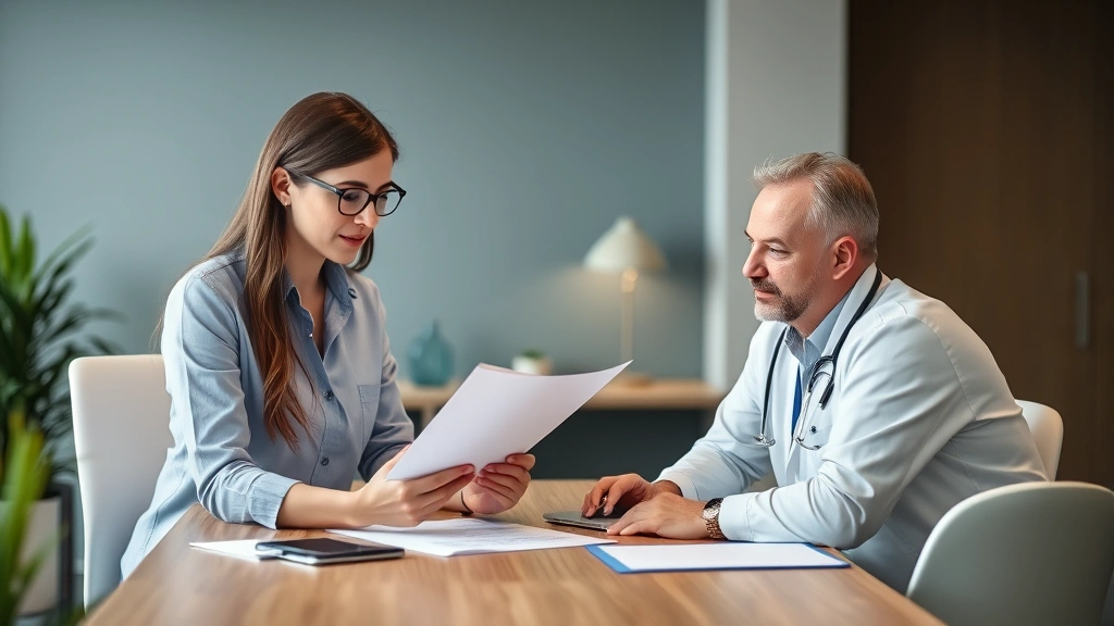 Female HR professional reviewing documents at modern office desk with both employee and healthcare provider present for meeti