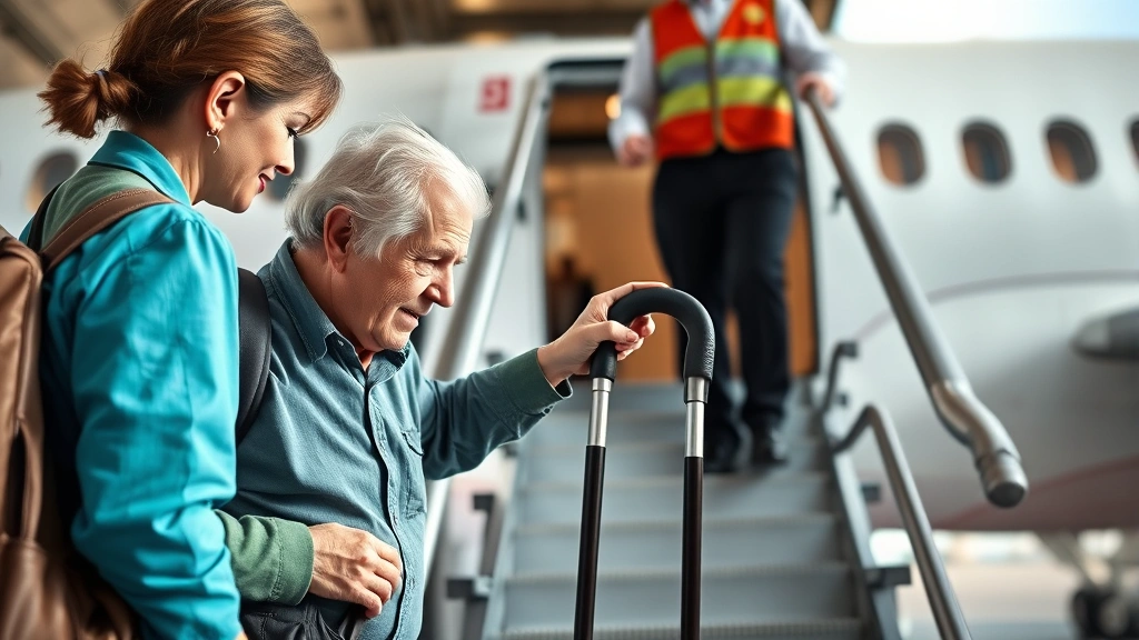 Elderly passenger with cane boarding airplane with airline staff assistance early boarding process