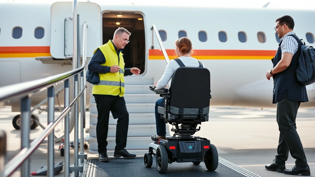 Passenger with mobility device boarding airplane early with assistance from airline staff