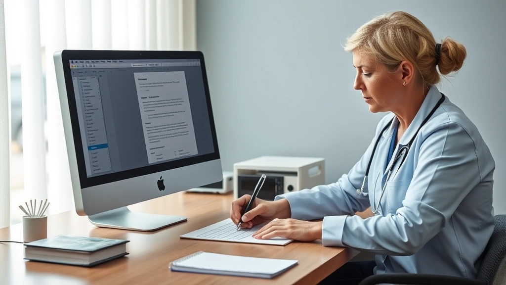Healthcare provider writing medical accommodation letter at desk with patient file and computer