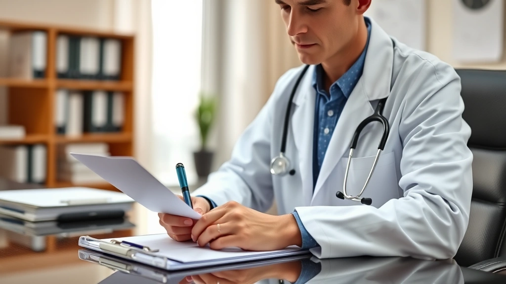 Healthcare provider in white coat at desk writing medical letter with stethoscope and patient file visible, professional offi