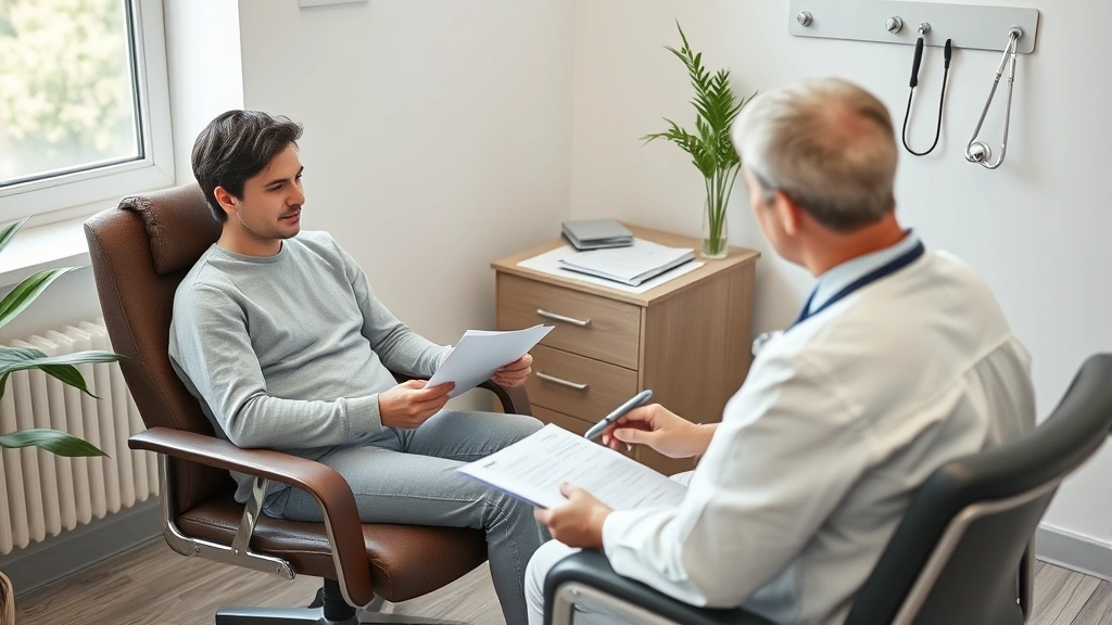 Person sitting in comfortable chair during medical consultation with doctor, both reviewing documents together, calm clinical