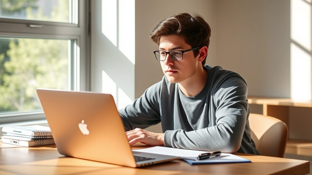 Student sitting at desk with laptop and medical documents, natural lighting from window, calm focused expression, notebook an