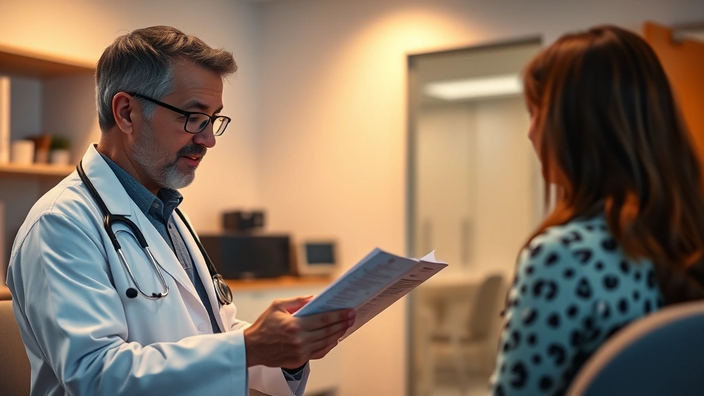 Healthcare provider in white coat reviewing patient chart during consultation, professional medical office setting, warm ligh