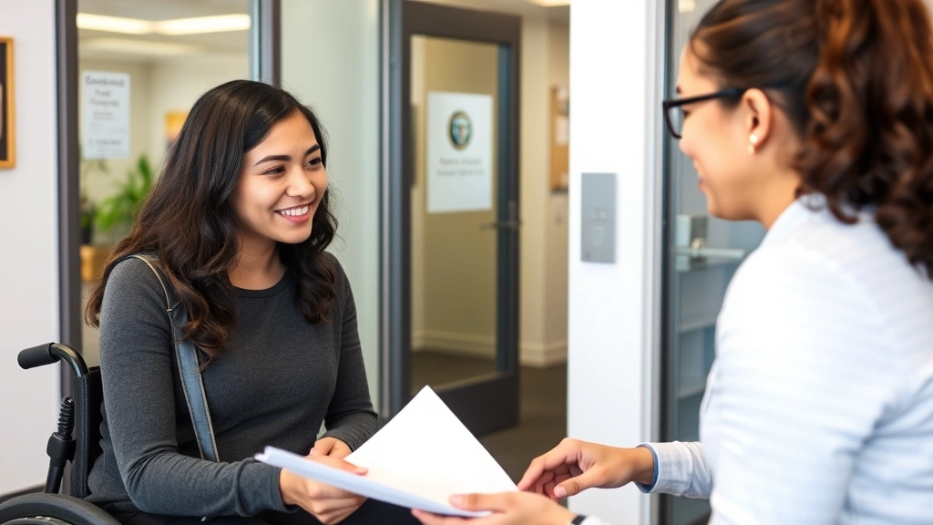 Young adult student meeting with disability services advisor in university office, both looking at accommodation letter, supp
