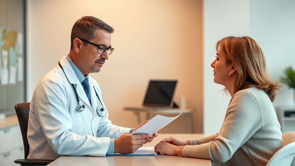 Professional healthcare provider in white coat reviewing medical documents at desk with patient sitting across, warm clinic l