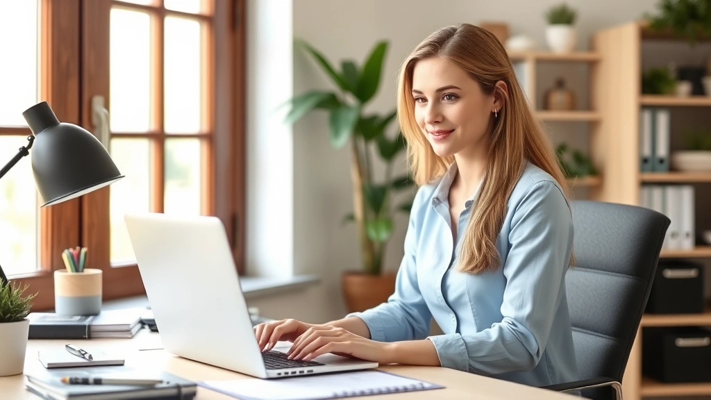 Woman working at home office desk with laptop, appearing focused and healthy, natural daylight from window, organized workspa