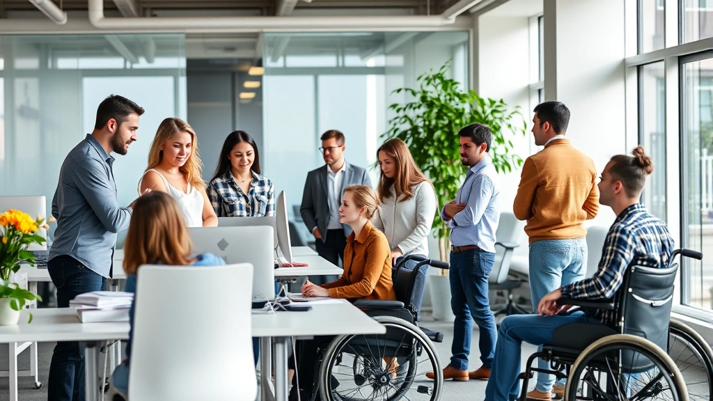 Diverse group of employees collaborating in modern office environment, some standing at desks, some in wheelchairs, inclusive