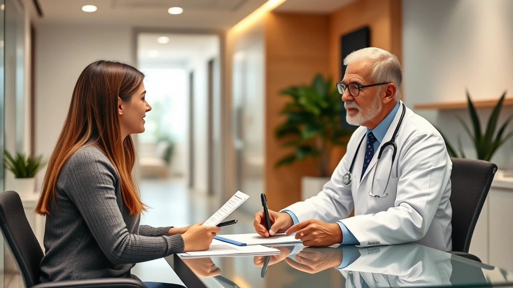 Person meeting with healthcare provider in modern clinic office, doctor reviewing medical documents at desk, professional set