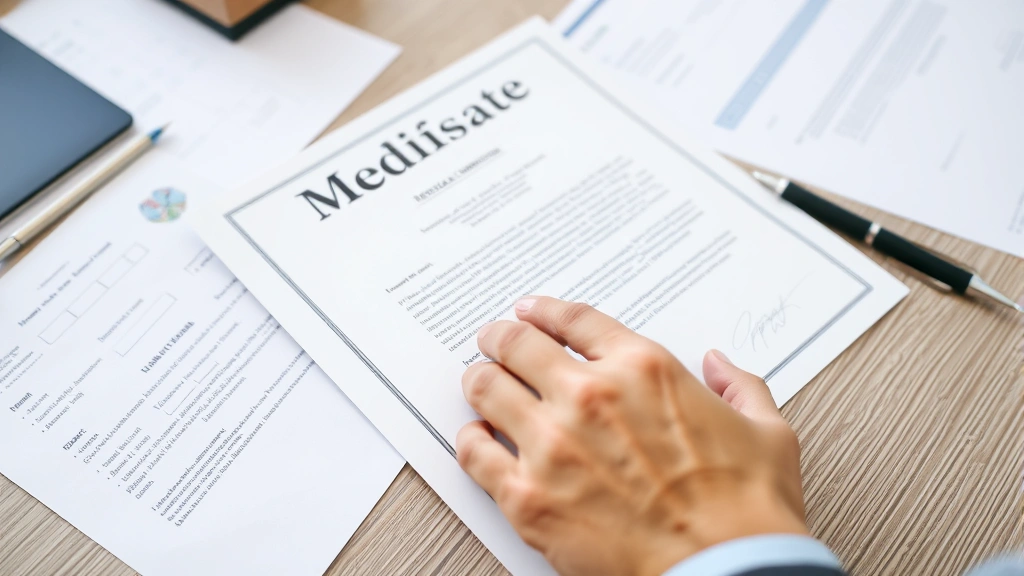 Close-up of hands holding medical certificate and formal letter on desk, organized paperwork with pen, professional documenta