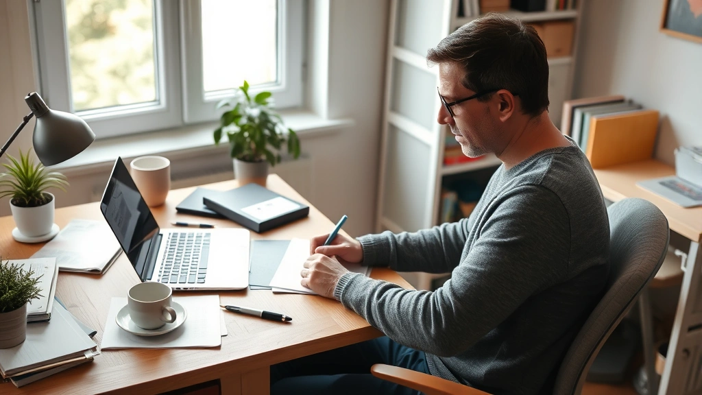 Person sitting at home desk writing letter with coffee, laptop and documents nearby, focused and calm expression, natural day