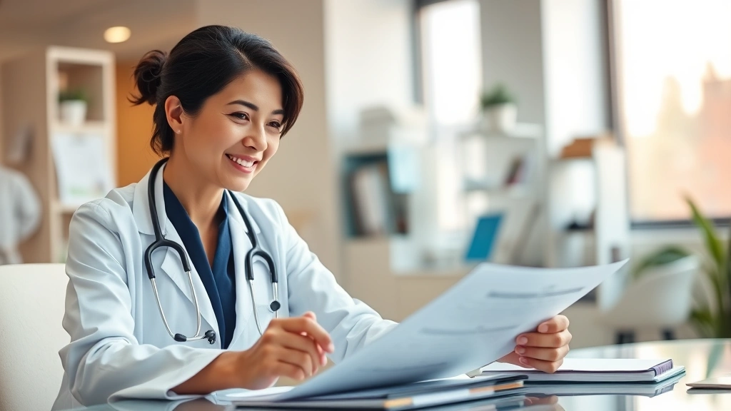 Healthcare provider in white coat reviewing medical documents at desk with stethoscope, professional medical office backgroun
