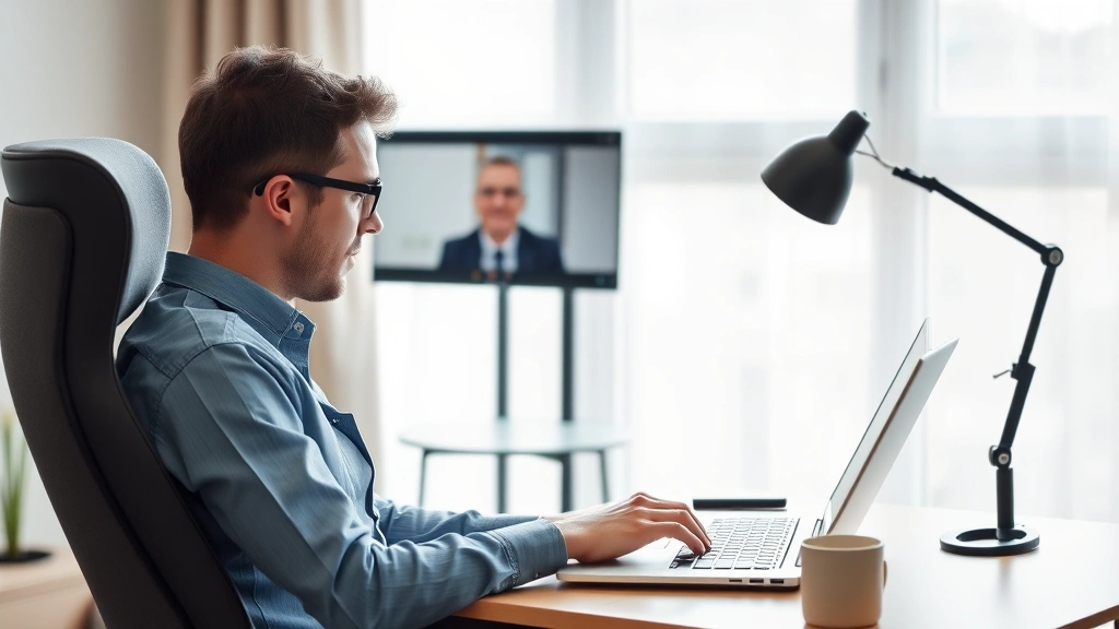Person using laptop for video conference call, home office setup with comfortable chair, natural window light, calm professio