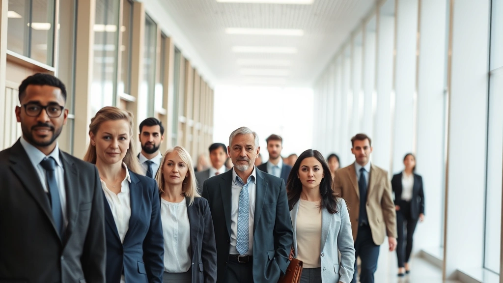 Diverse group of people in modern courthouse hallway, professional attire, neutral expression, architectural court building i